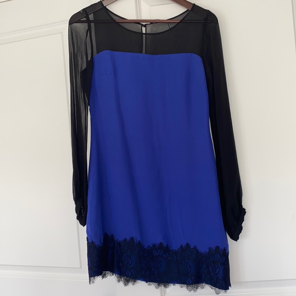 Guess by Marciano Black & Royal Blue Lace Trim Long Sleeve Dress